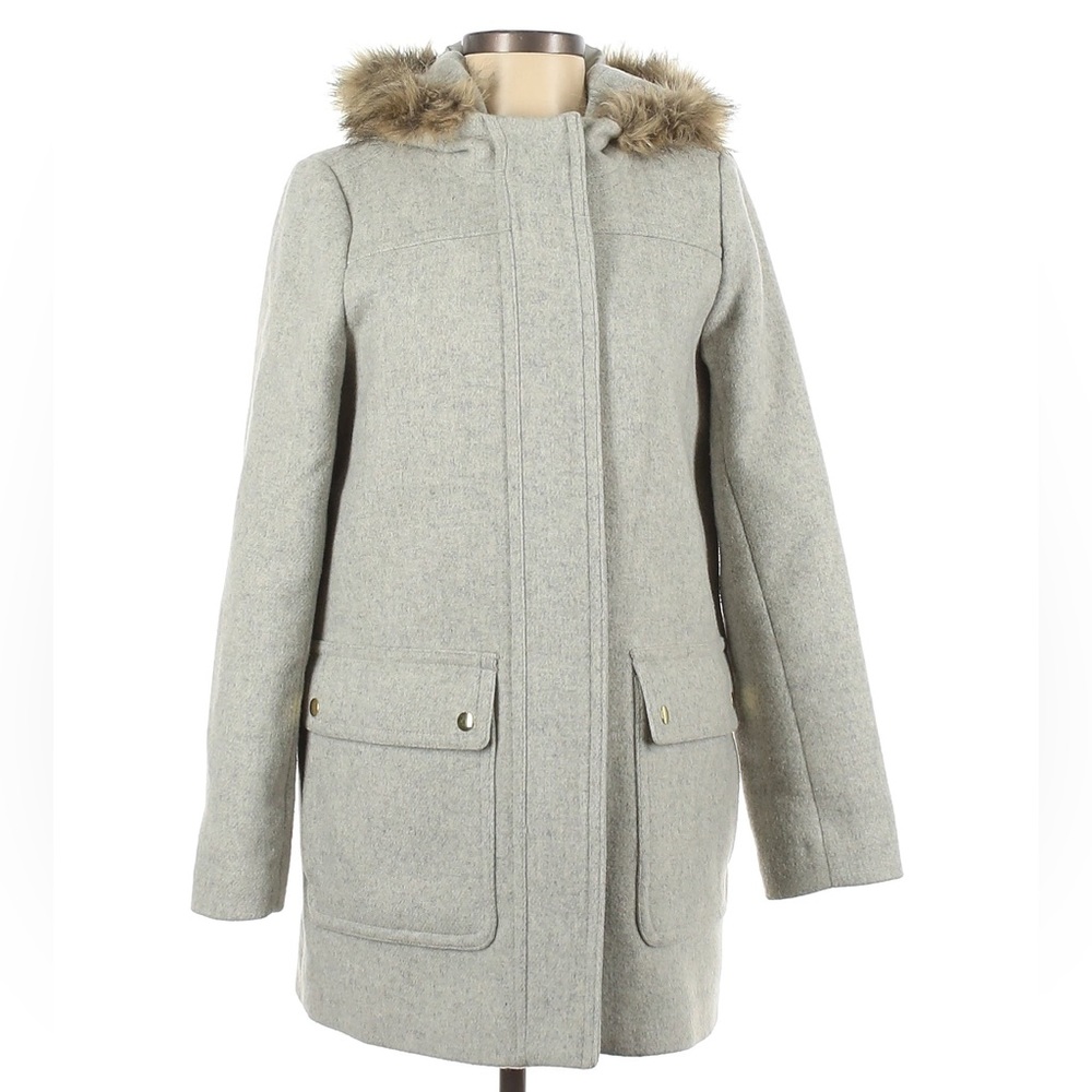 J. Crew Fur trim Hood Grey Wool Pea Coat